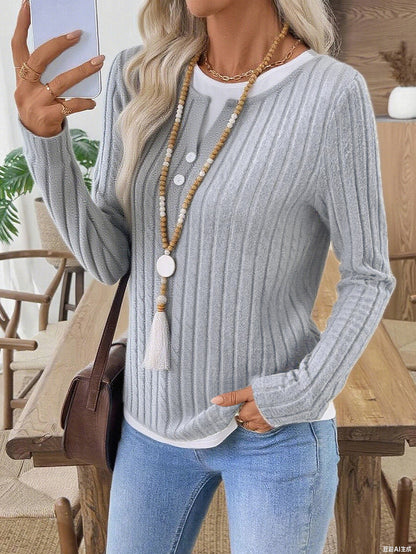 Ribbed Faux Layered Henley Long Sleeve Casual Top