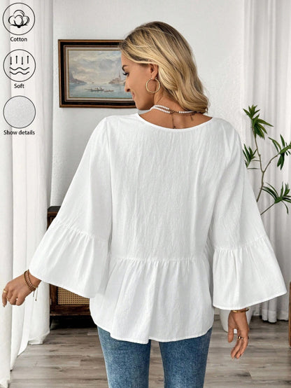 Cotton V-Neck Ruffle Sleeve Top Flowy Loose Blouse