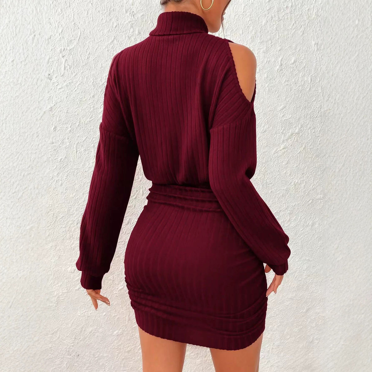 Turtleneck Cold Shoulder Ribbed Bodycon Mini Dress