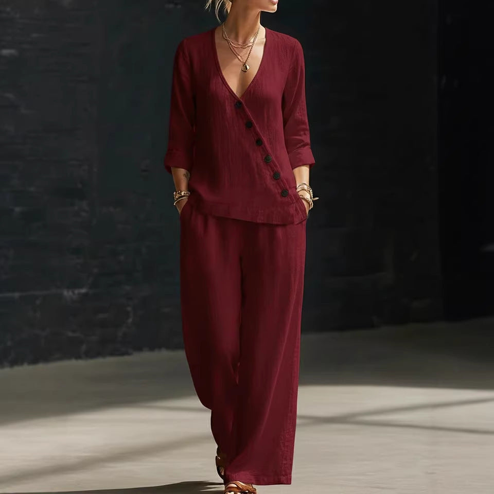 Women Cotton Linen 2 Piece Set V Neck Wide Leg Pants