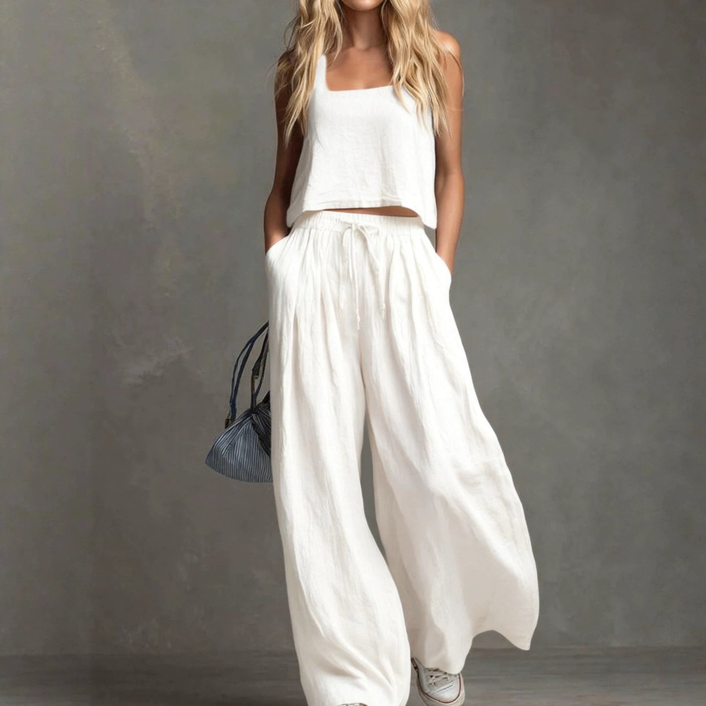Women's Linen Look Matching Set Tank Wide Leg Pants
