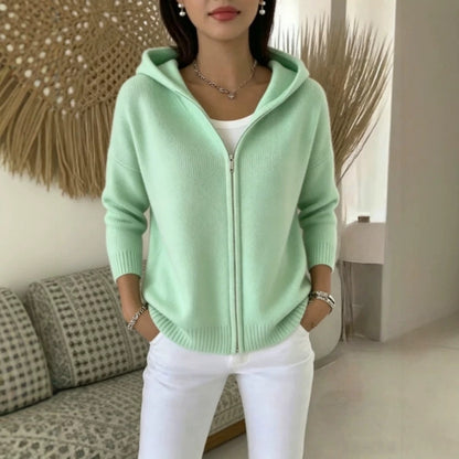 Hooded Zip Up Knit Cardigan with Drop Shoulders
