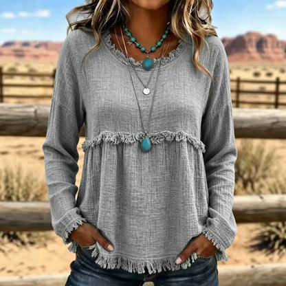Boho Fringe Textured Long Sleeve Blouse