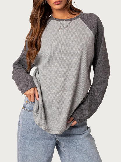 Color Block Waffle Knit Top Crew Neck Long Sleeve Tee