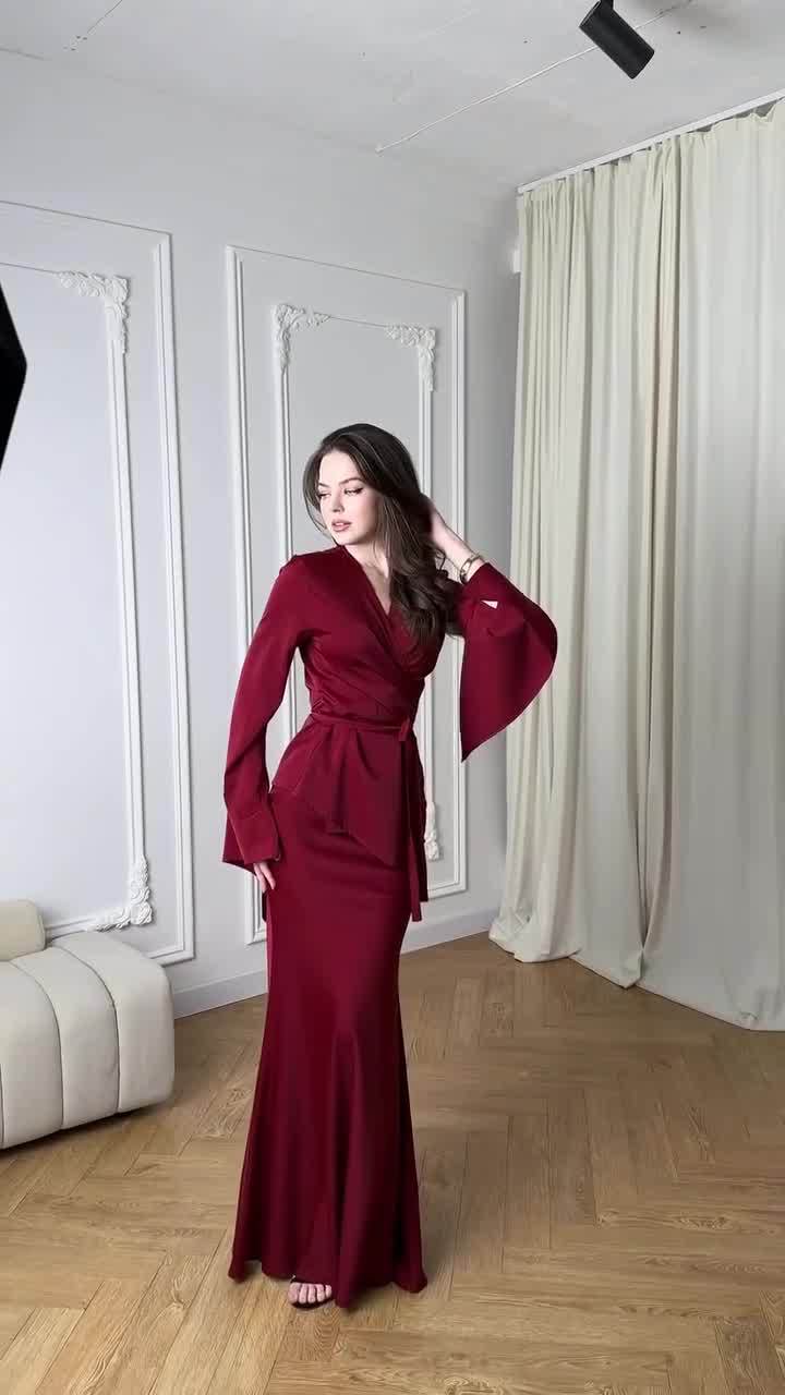 Satin Wrap Belted Long Sleeve Maxi Dress Set