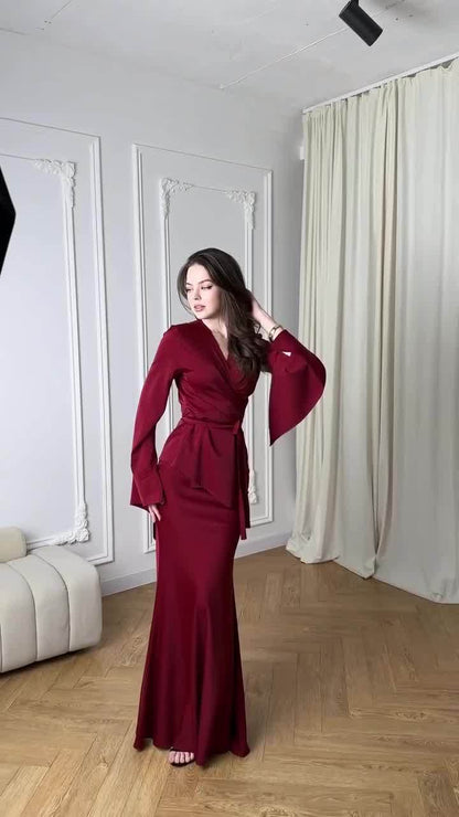 Satin Wrap Belted Long Sleeve Maxi Dress Set