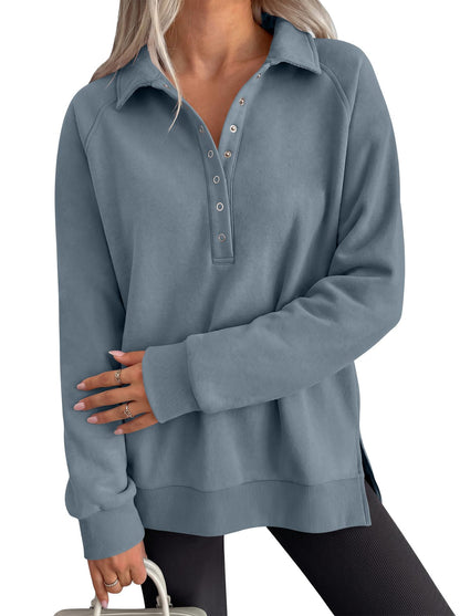 Women's Oversized Collared Button Pullover Sweatshirt