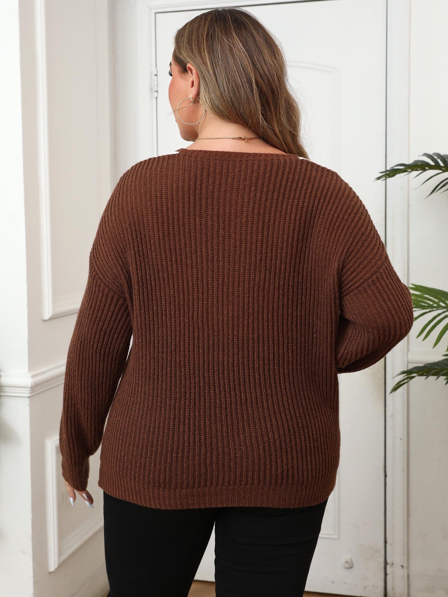 Plus Size V Neck Knit Sweater with Pearl Detail Color Block