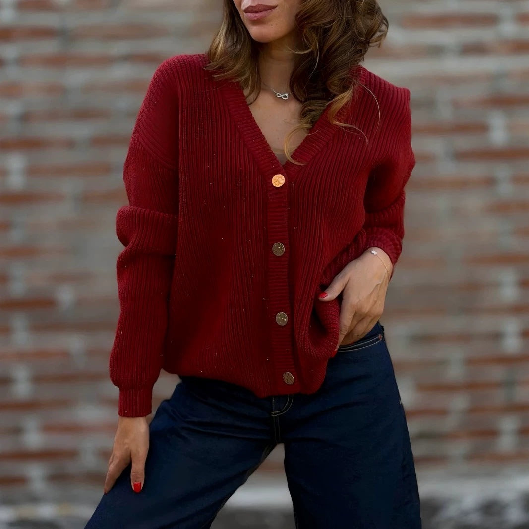 Women's V-Neck Button Down Chunky Knit Cardigan