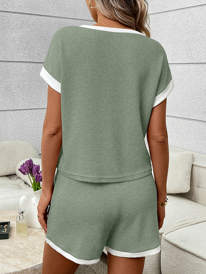 Green Ribbed Lounge Set Contrast Trim Tee Shorts Set