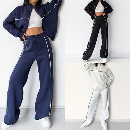 Women's Striped 2 Piece Tracksuit Zip Jacket Wide Leg Pants
