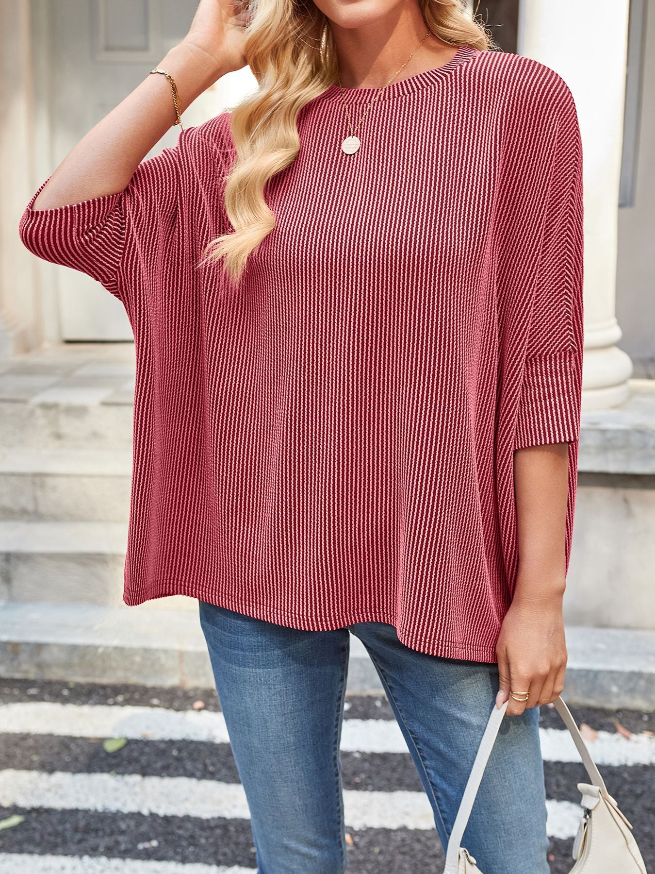 Oversized Batwing Sleeve Ribbed Knit Casual Tunic Top