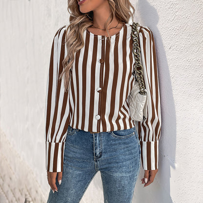 Women's V-Neck Cardigan Striped Contrast Long Sleeve Shirt