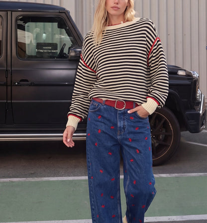 Women's Oversized Striped Crew Neck Long Sleeve Sweater