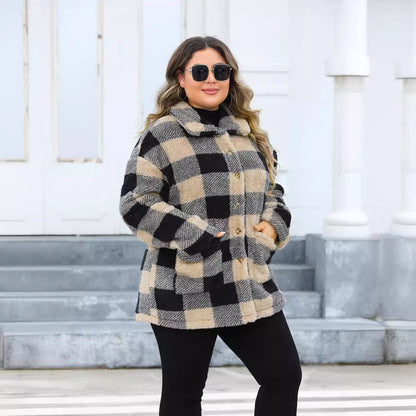 Plus Size Women's Plaid Thickened Plush Lapel Coat