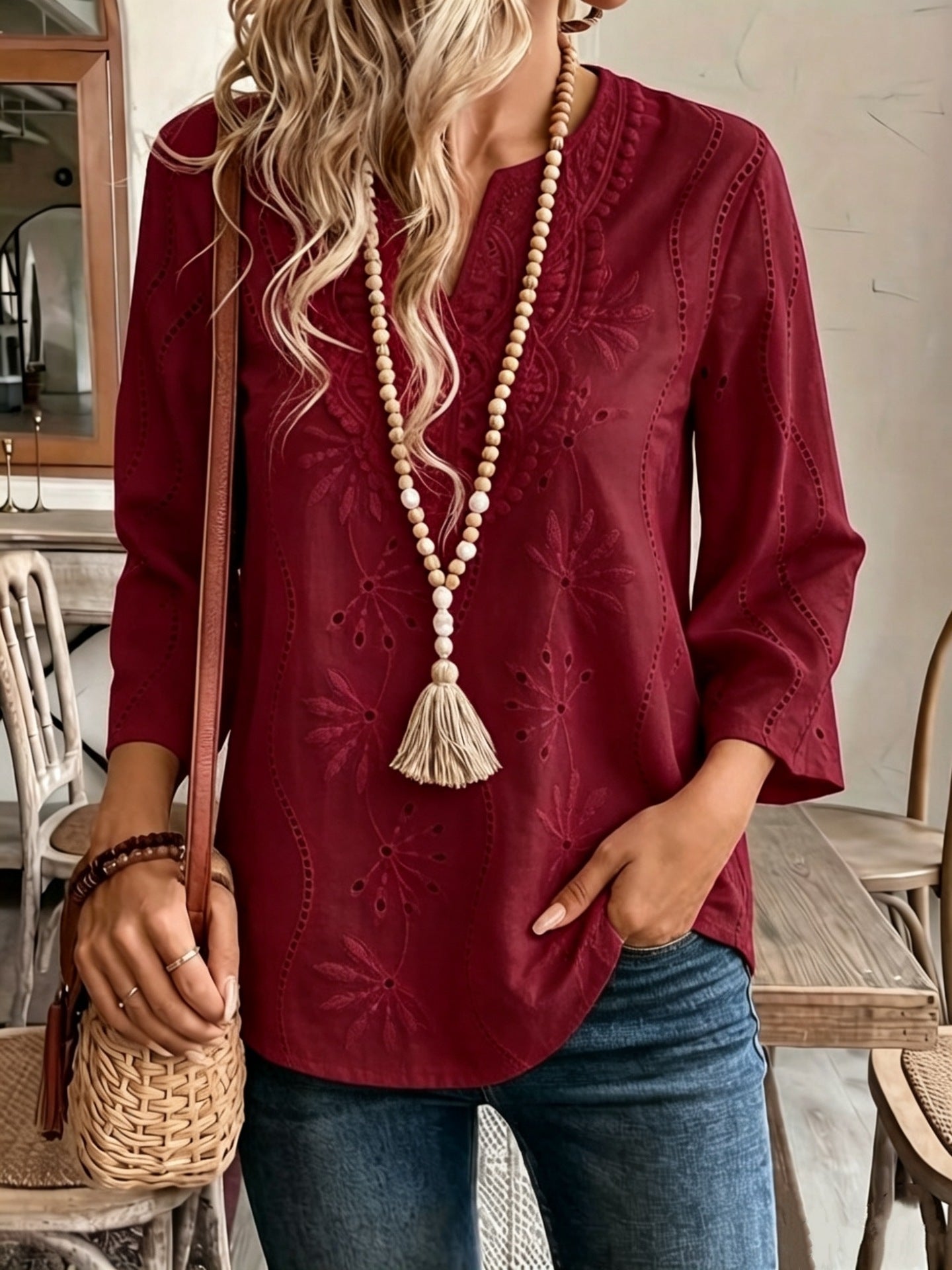 Women's Embroidered Eyelet V-Neck Bell Sleeve Blouse