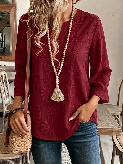 Women's Embroidered Eyelet V-Neck Bell Sleeve Blouse