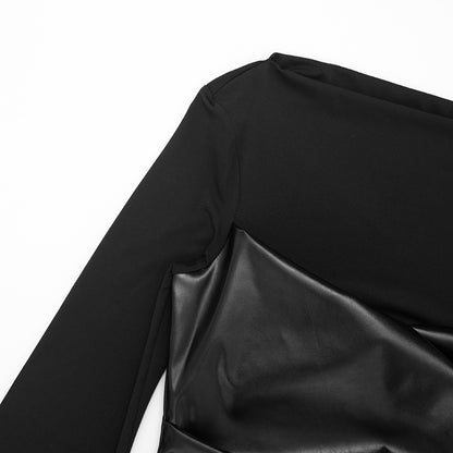 Women's Faux Leather Patchwork Bell Sleeve Fitted Top