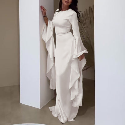Women Satin Bell Sleeve Ruched Evening Maxi Dress