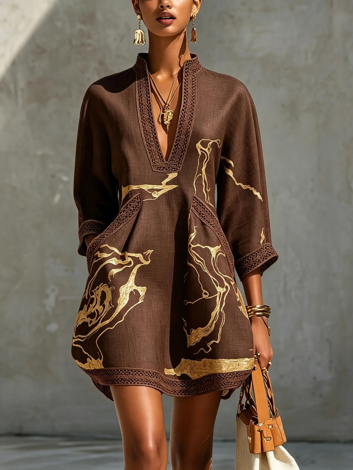 Boho V Neck Lace Trim Gold Abstract 3/4 Sleeve Mini Dress