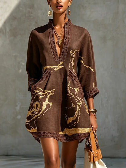 Boho V Neck Lace Trim Gold Abstract 3/4 Sleeve Mini Dress