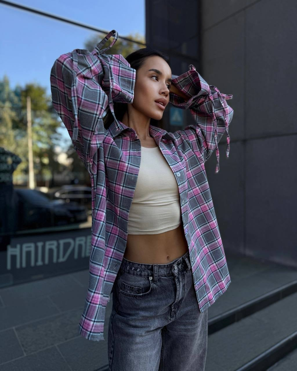 Oversized Plaid Tie Waist Long Sleeve Shirt Women
