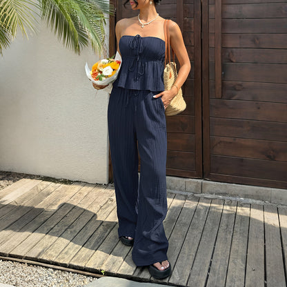 Navy Strapless Ruffle Top & Wide Leg Pants Two Piece Set
