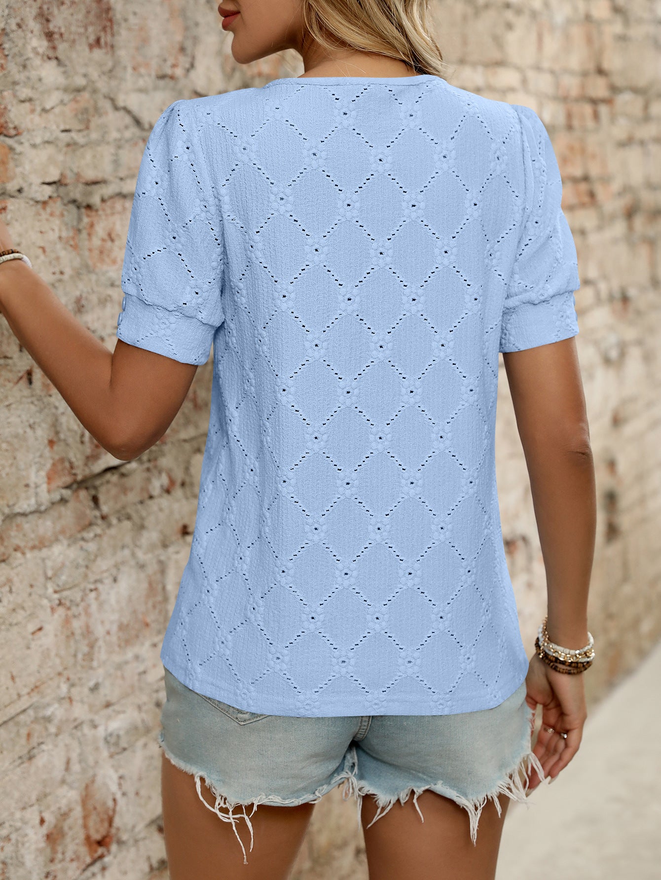 Light Blue Textured Knit Short Sleeve Button Neck Top