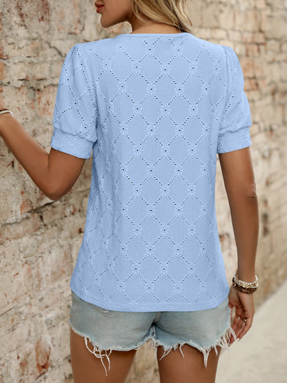 Light Blue Textured Knit Short Sleeve Button Neck Top