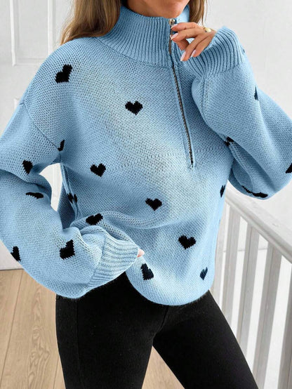 Women’s Heart Print Half Zip Wool Knit Sweater