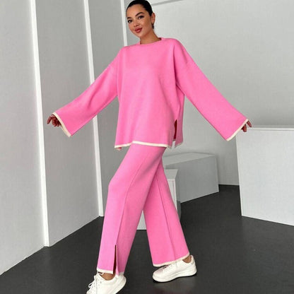 Women Color Block Lounge Set Side Slit Pants
