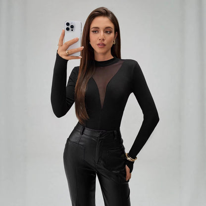 Sheer Mesh Mock Neck Long Sleeve Bodysuit