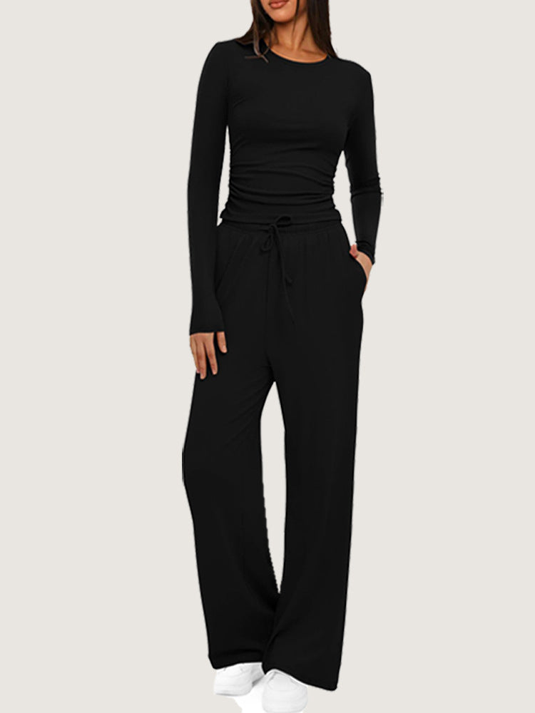 Women's Ruched Long Sleeve Top Wide Leg Pants Lounge Set