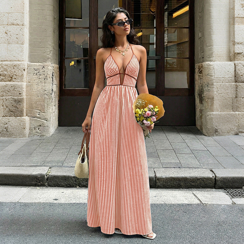 Striped Halter Backless Maxi Dress Deep V Resort Dress