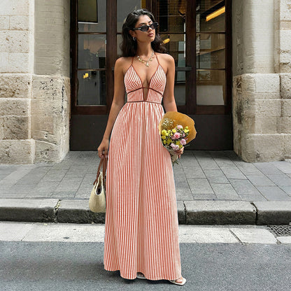 Striped Halter Backless Maxi Dress Deep V Resort Dress