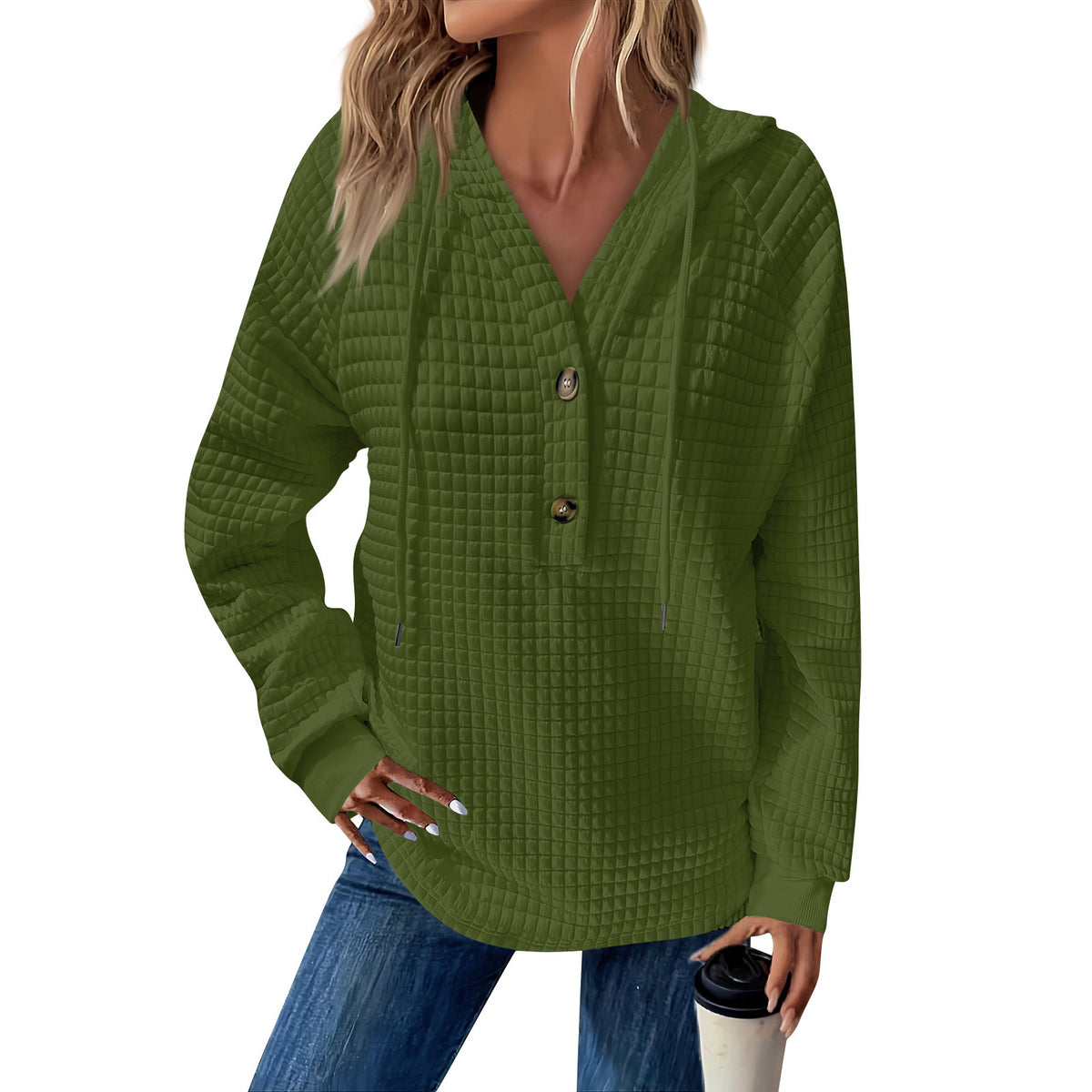 Women's Quilted V-Neck Button Hoodie Oversized Pullover