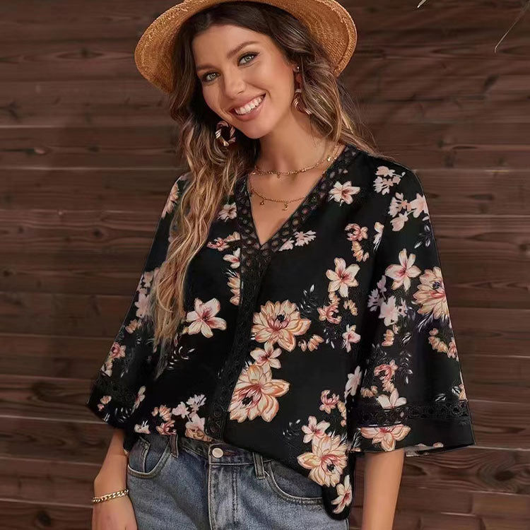 Women's Floral Lace V-Neck Bell Sleeve Boho Summer Blouse