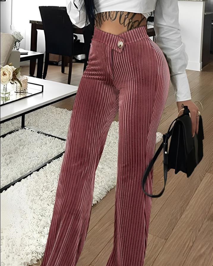 Women High Waist Ribbed Velvet Wide Leg Pants