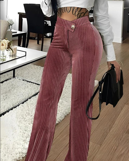 Women High Waist Ribbed Velvet Wide Leg Pants