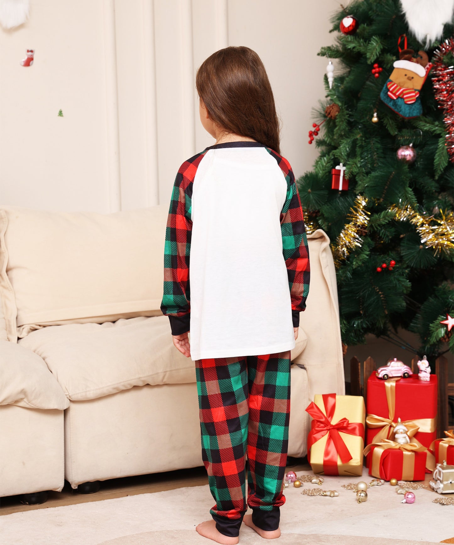 Parent-child Plaid Deer Print Crew Neck Christmas Pajama Set