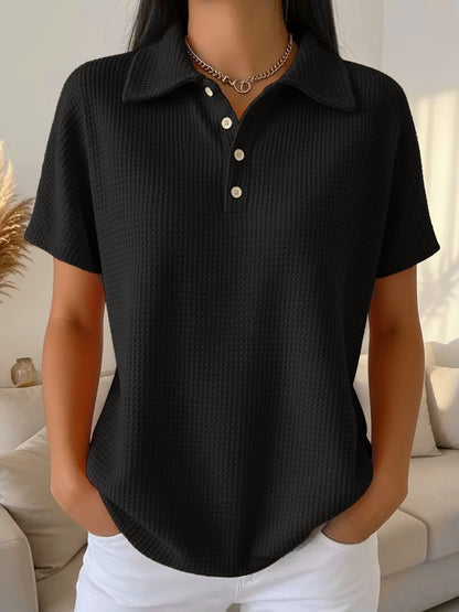 Women's Oversized Waffle Knit Polo Shirt Long Sleeve Top