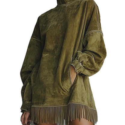 Oversized Mock Neck Suede Fringe Dress Pockets
