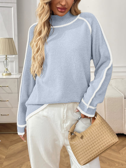 Colorblock Mock Neck Knit Sweater with Raglan Sleeves