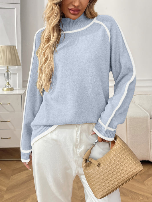 Colorblock Mock Neck Knit Sweater with Raglan Sleeves