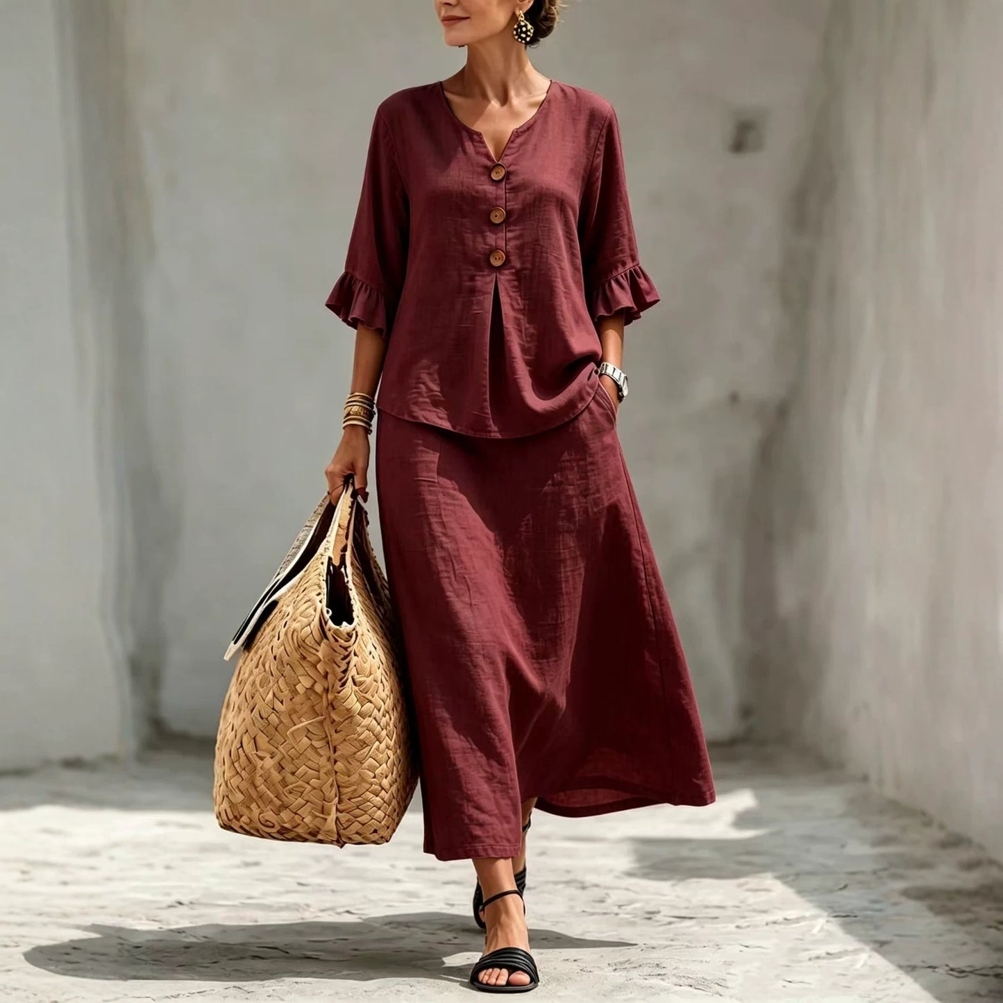 Boho Button Front Flounce Sleeve Top Midi Skirt Set