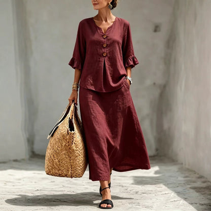 Boho Button Front Flounce Sleeve Top Midi Skirt Set