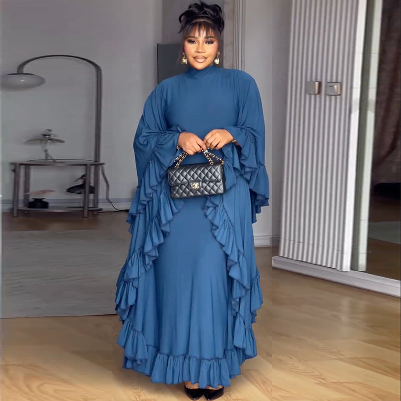 Blue Mock Neck Batwing Ruffle Maxi Dress