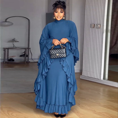 Blue Mock Neck Batwing Ruffle Maxi Dress