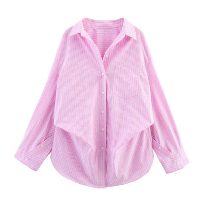 Oversized Striped Collared Shirt Long Sleeve Pocket