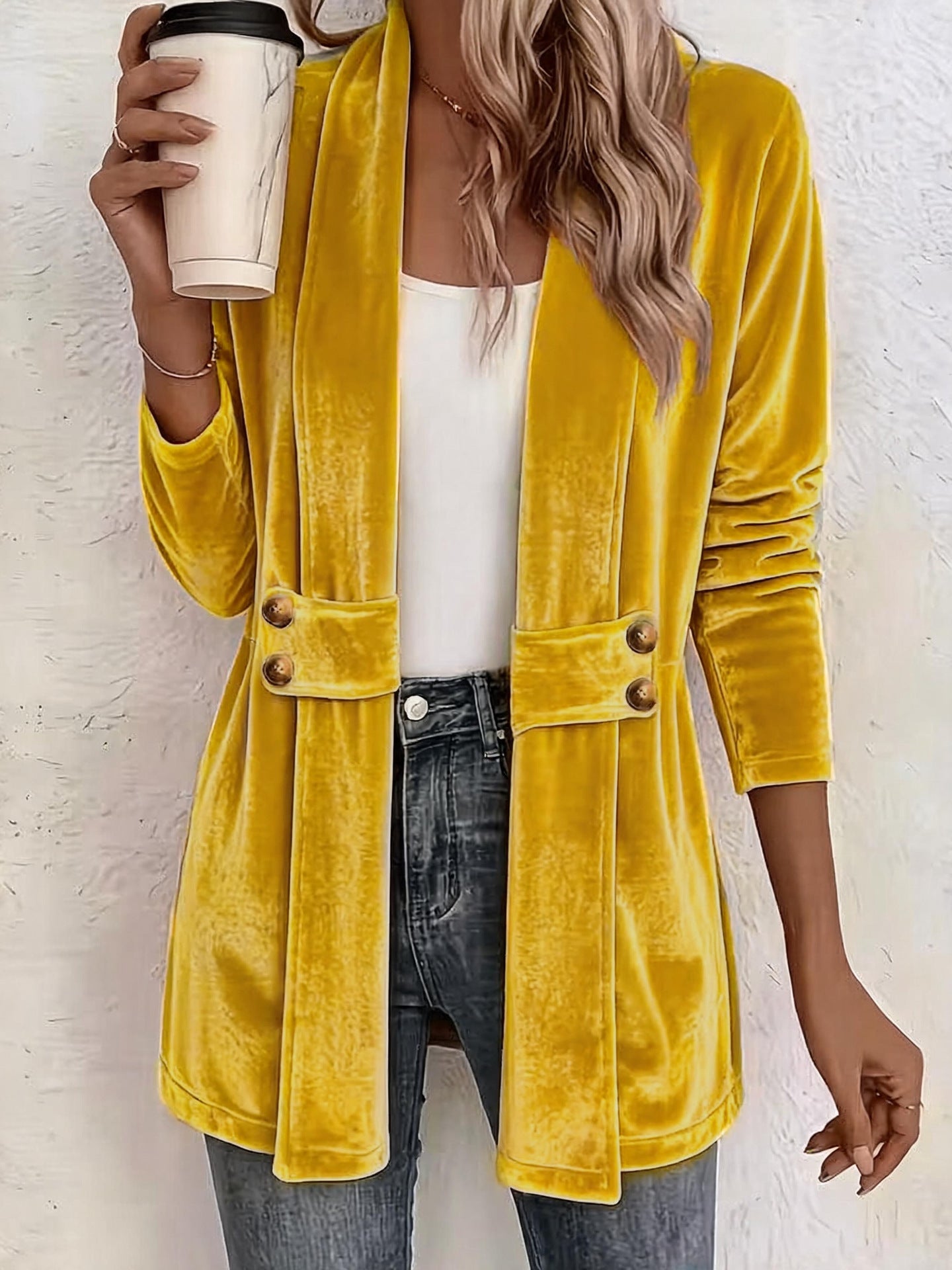Velvet Shawl Collar Open Front Cardigan Long Sleeve
